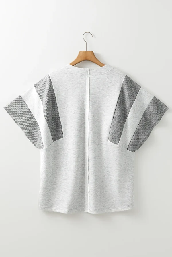 Two Tone Contrast Waffle Knit Patched Buttoned V Neck Top