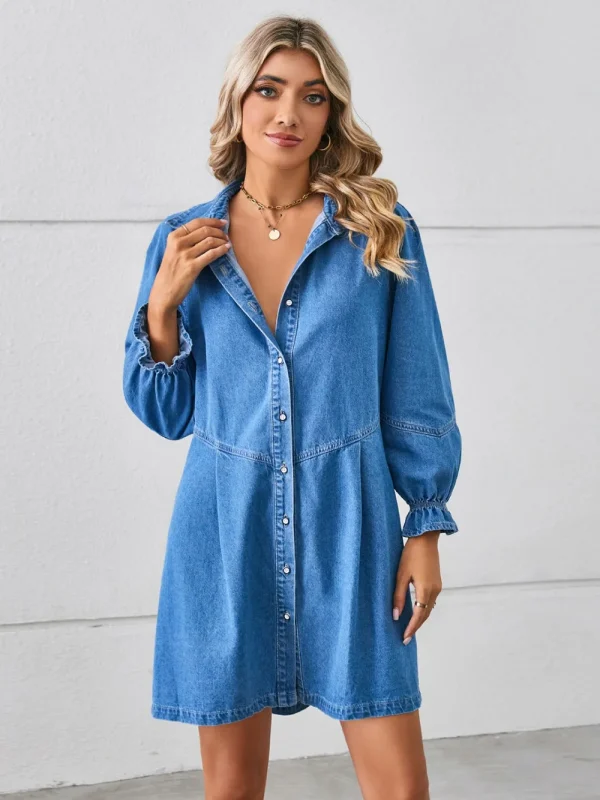 Button Up Flounce Sleeve Mini Denim Dressl