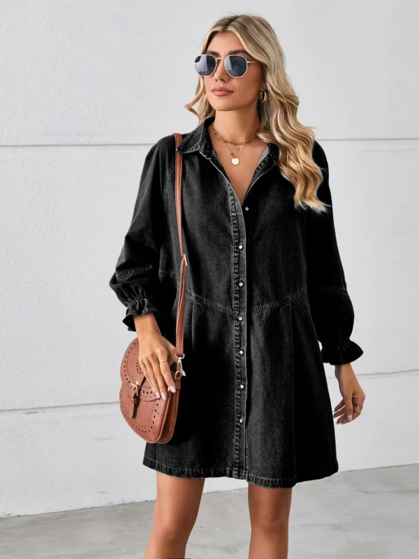 Button Up Flounce Sleeve Mini Denim Dressl