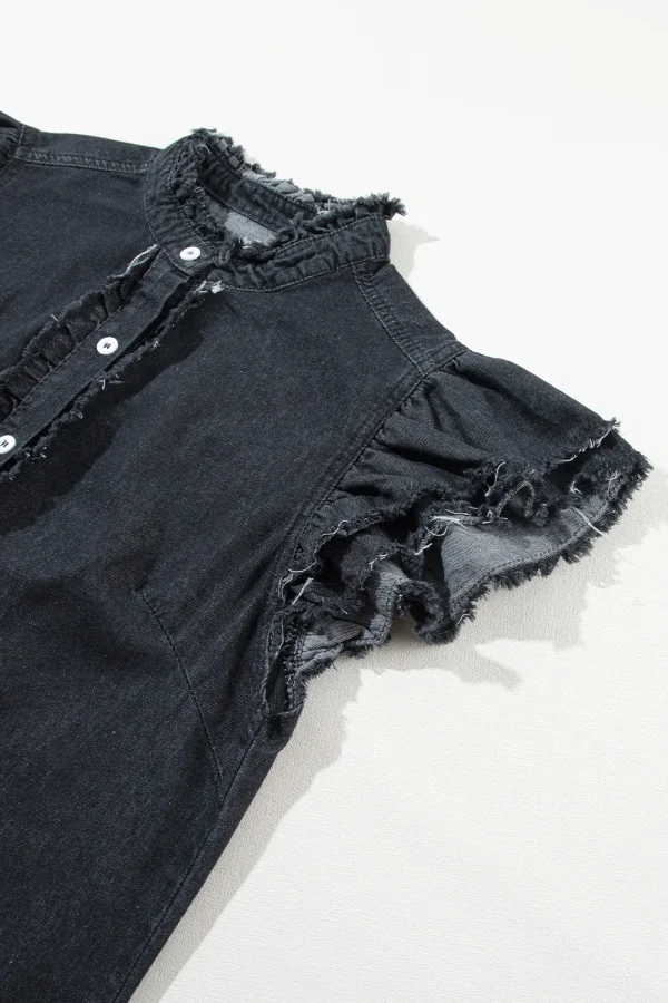 Button Down Raw Hem Ruffled Denim Shirt